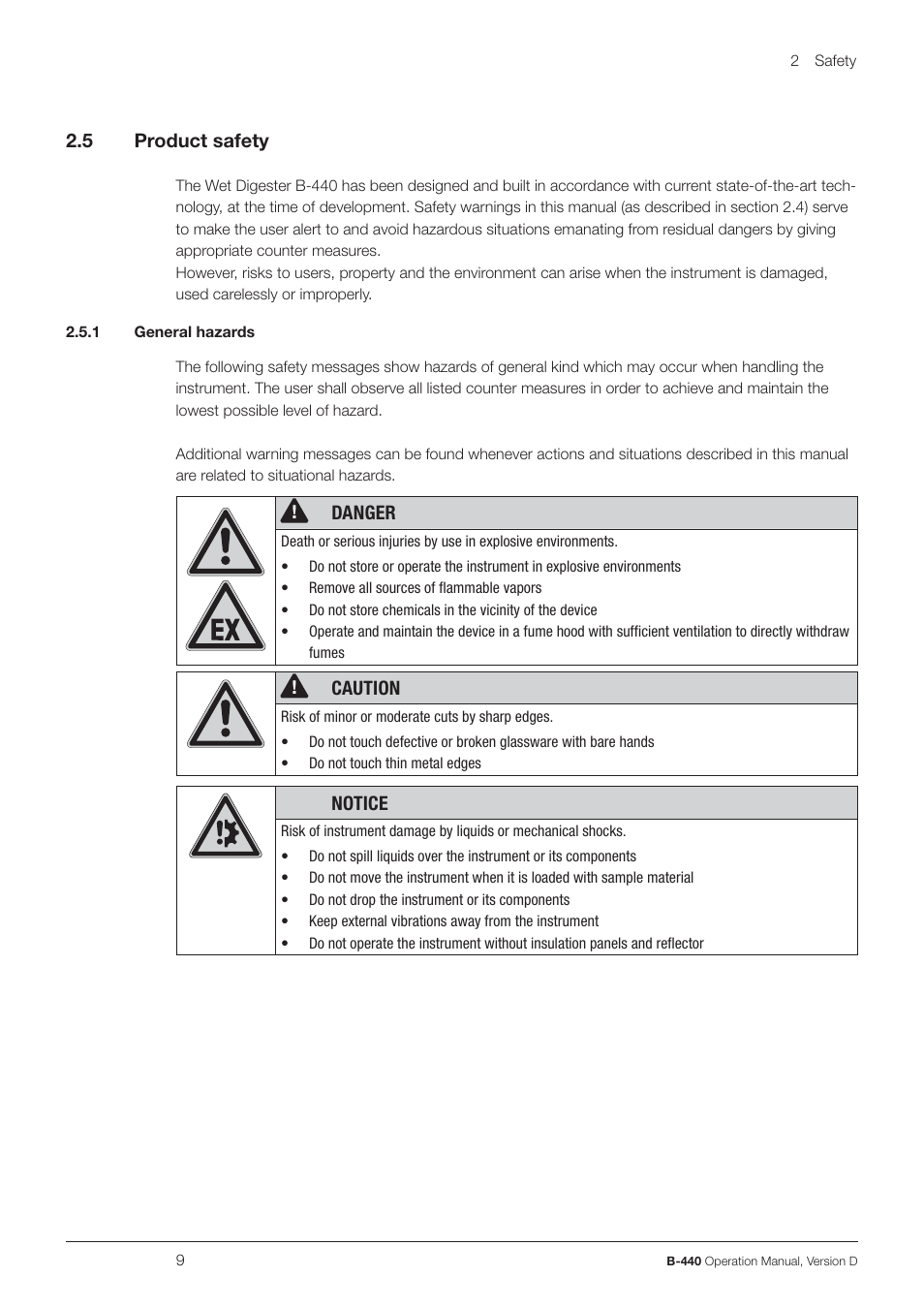 5 product safety, Danger, Caution | Notice | BUCHI Wet Digester B-440 User Manual | Page 9 / 42