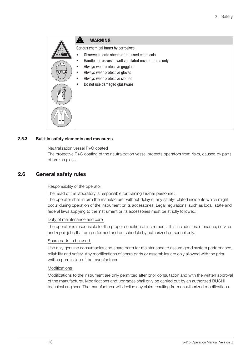 3 built-in safety elements and measures, 6 general safety rules, 3 built-in safety elements and measures 2.6 | General safety rules | BUCHI Scrubber K-415 User Manual | Page 13 / 60