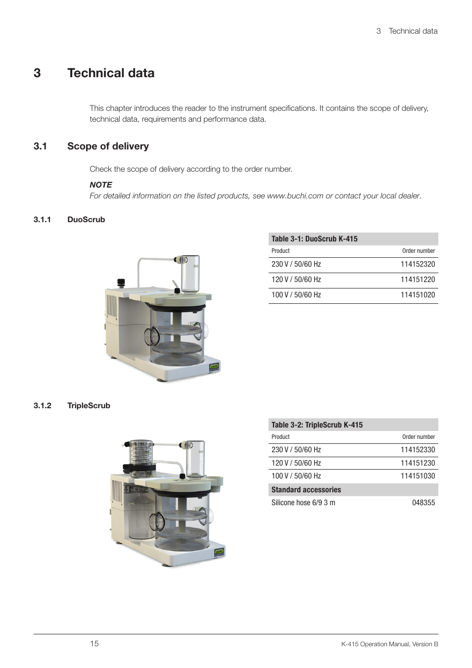 3 technical data, 1 scope of delivery, 1 duoscrub | 2 triplescrub, Technical data 3.1, Scope of delivery, 1 duoscrub 3.1.2 triplescrub, 3technical data, 3 .1 scope of delivery | BUCHI Scrubber K-415 User Manual | Page 15 / 60