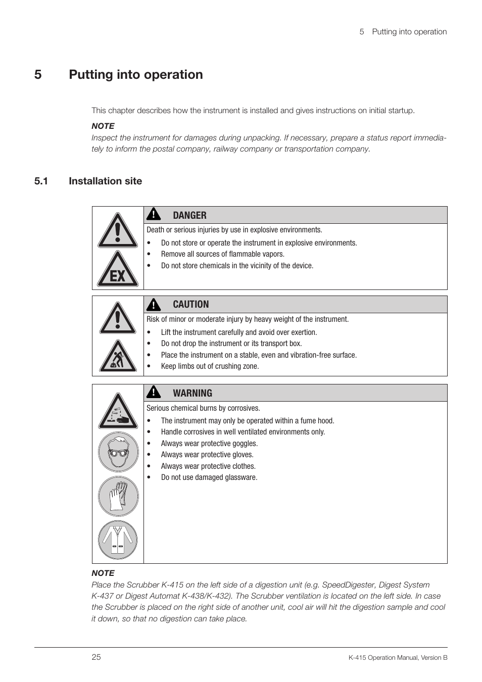 5 putting into operation, 1 installation site, Putting into operation 5.1 | Installation site, 5putting into operation | BUCHI Scrubber K-415 User Manual | Page 25 / 60