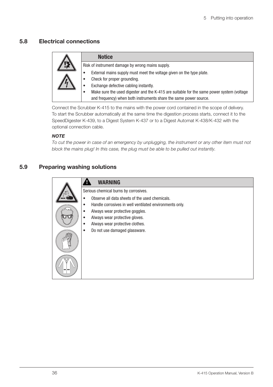 8 electrical connections, 9 preparing washing solutions, Electrical connections | Preparing washing solutions | BUCHI Scrubber K-415 User Manual | Page 36 / 60