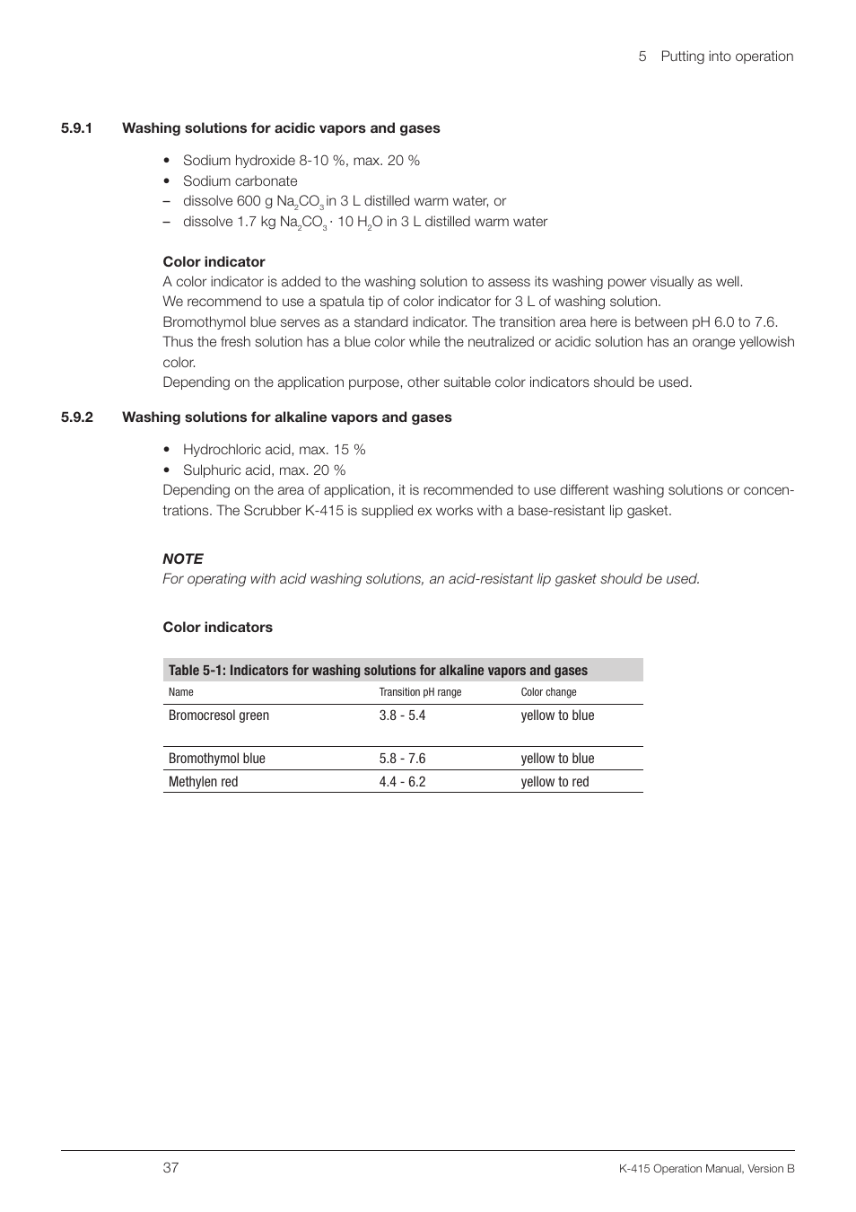 1 washing solutions for acidic vapors and gases, 2 washing solutions for alkaline vapors and gases | BUCHI Scrubber K-415 User Manual | Page 37 / 60