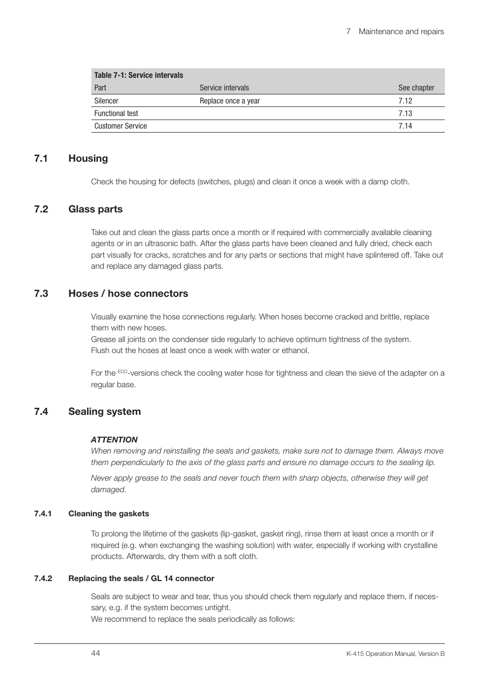 1 housing, 2 glass parts, 3 hoses / hose connectors | 4 sealing system, 1 cleaning the gaskets, 2 replacing the seals / gl 14 connector, 1 housing 7.2, Glass parts, Hoses / hose connectors, Sealing system | BUCHI Scrubber K-415 User Manual | Page 44 / 60