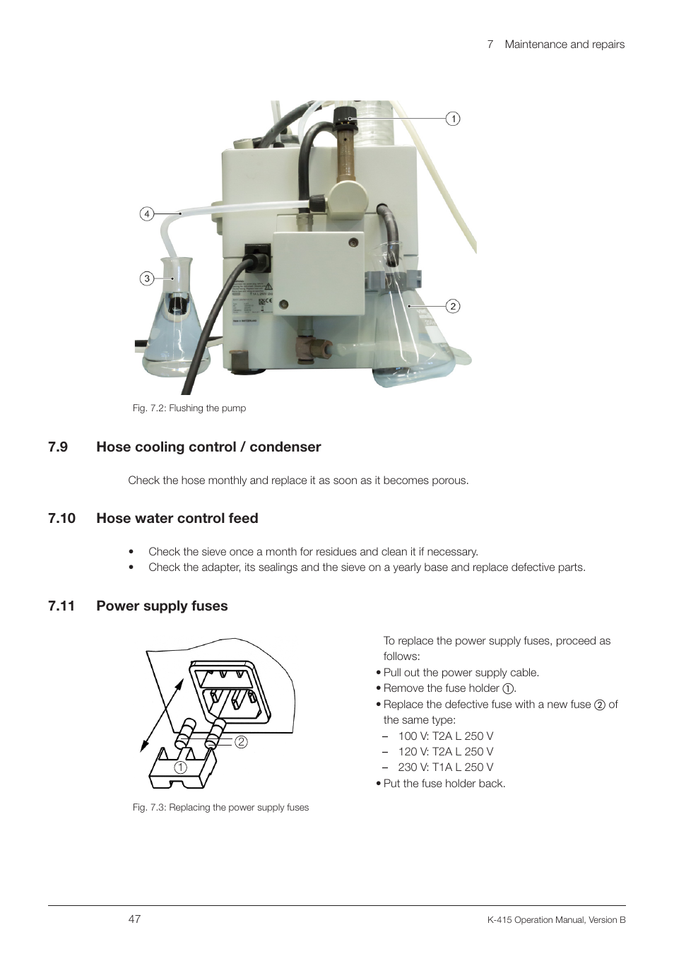 9 hose cooling control / condenser, 10 hose water control feed, 11 power supply fuses | Hose cooling control / condenser, 10 hose water control feed 7.11 power supply fuses, 7 .9 hose cooling control / condenser, 7 .10 hose water control feed, 7 .11 power supply fuses | BUCHI Scrubber K-415 User Manual | Page 47 / 60