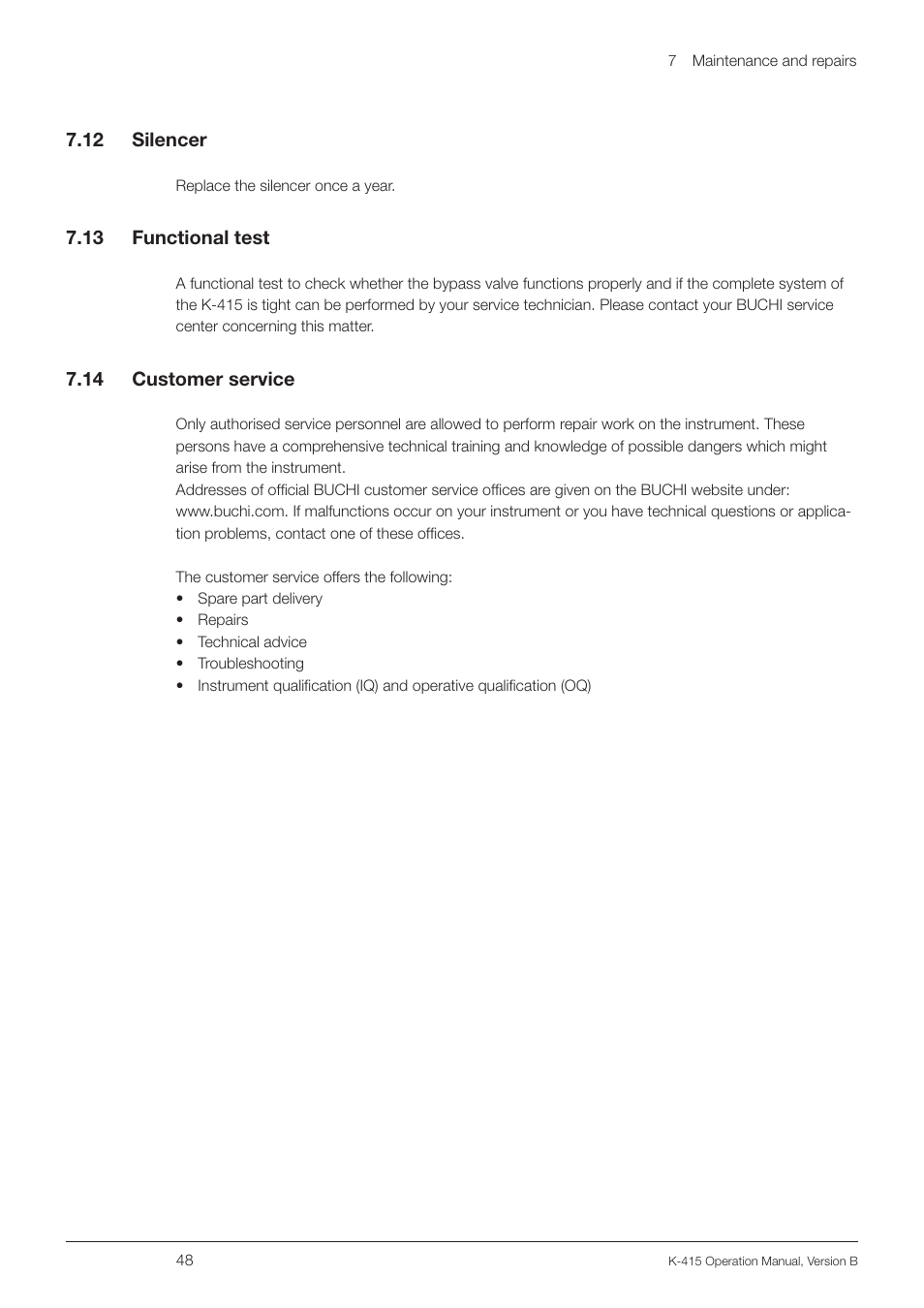 12 silencer, 13 functional test, 14 customer service | BUCHI Scrubber K-415 User Manual | Page 48 / 60