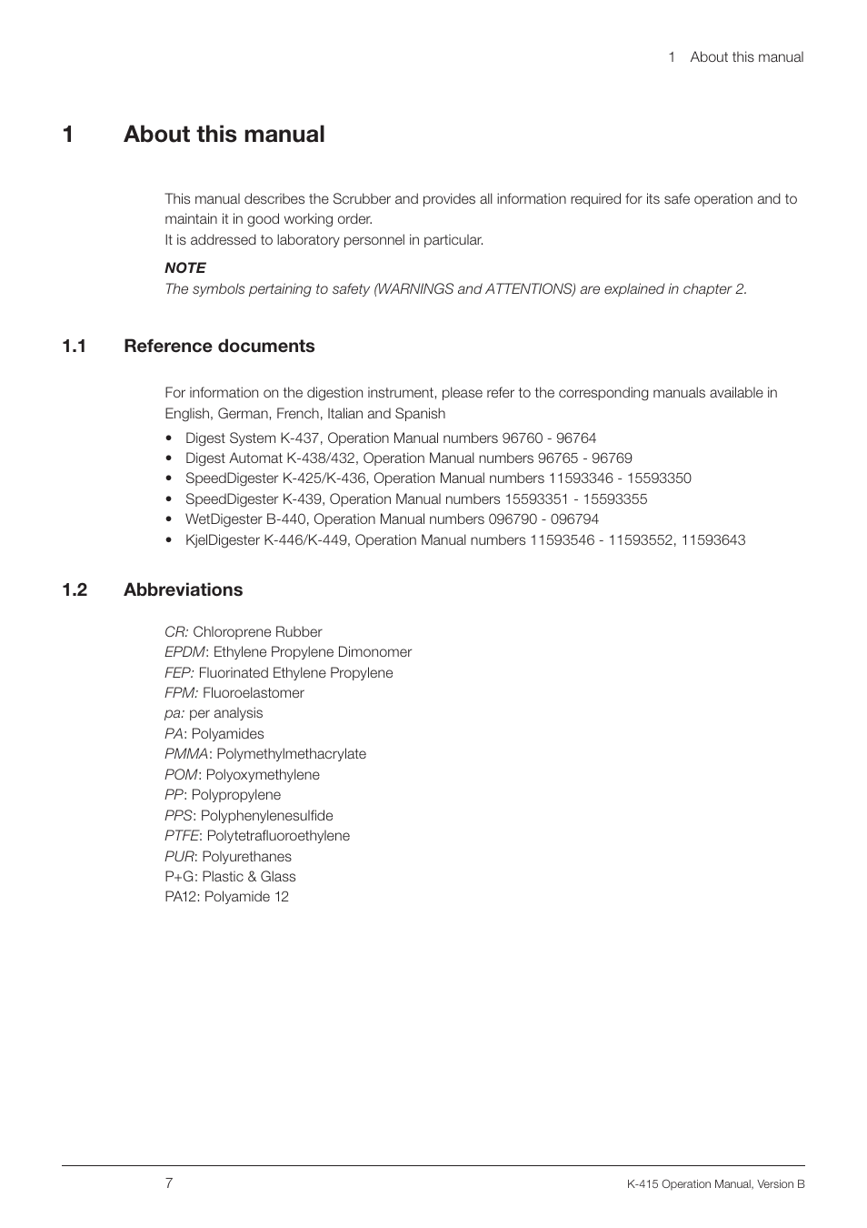 1 about this manual, 1 reference documents, 2 abbreviations | About this manual 1.1, Reference documents, 1about this manual | BUCHI Scrubber K-415 User Manual | Page 7 / 60