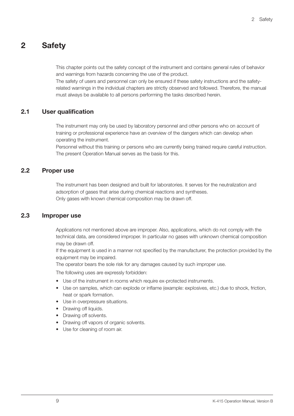 2 safety, 1 user qualification, 2 proper use | 3 improper use, User qualification, Proper use, Improper use, 2safety | BUCHI Scrubber K-415 User Manual | Page 9 / 60