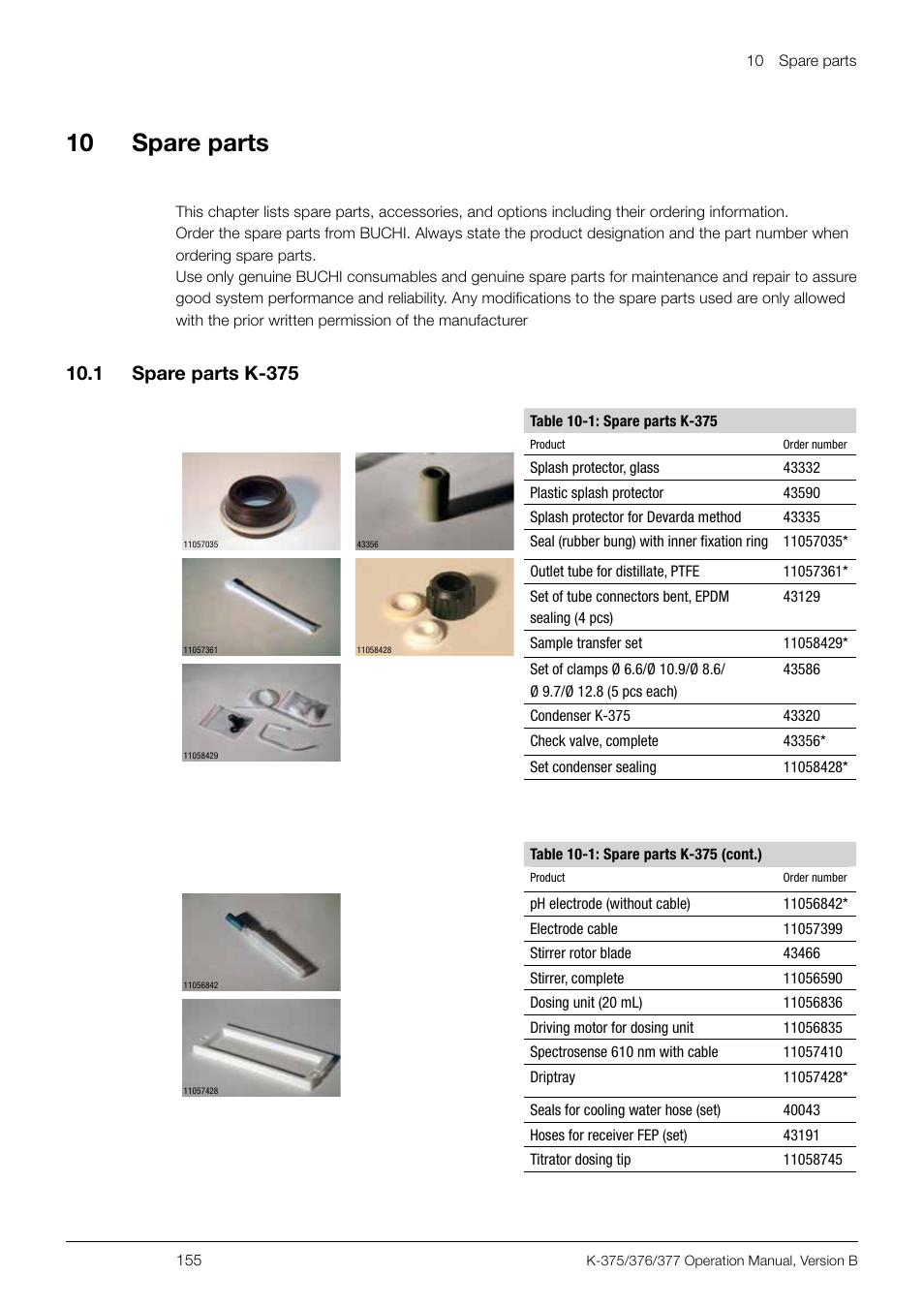 10 spare parts, 1 spare parts k-375 | BUCHI KjelSampler K-377 User Manual | Page 155 / 160