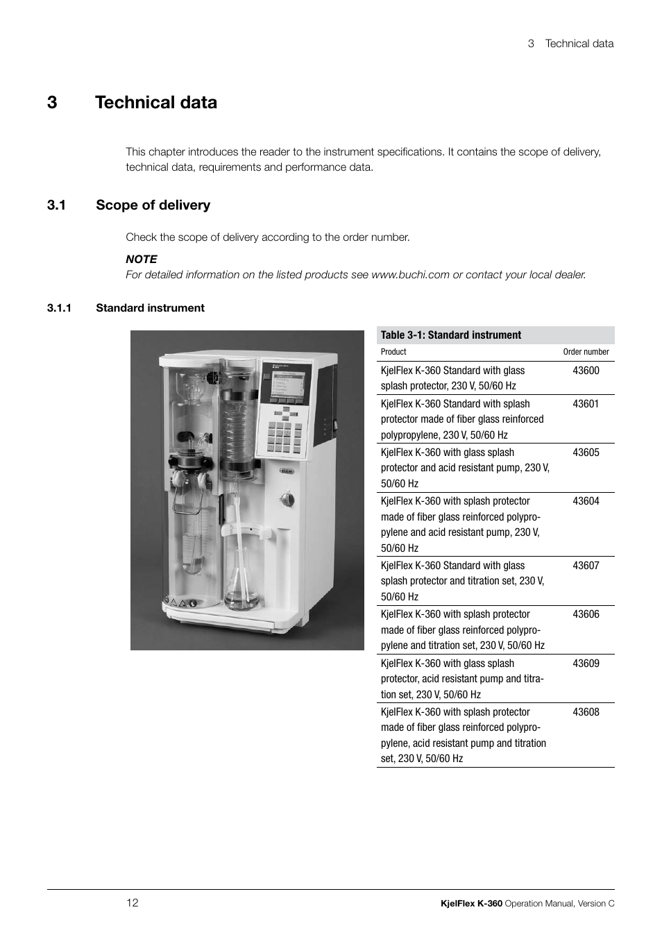 Technical data 3.1, Scope of delivery, 1 standard instrument | 3technical data, 3 .1 scope of delivery | BUCHI KjelFlex K-360 User Manual | Page 12 / 74