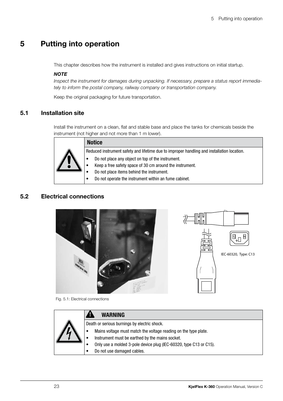 Putting into operation 5.1, Installation site, Electrical connections | 5putting into operation | BUCHI KjelFlex K-360 User Manual | Page 23 / 74