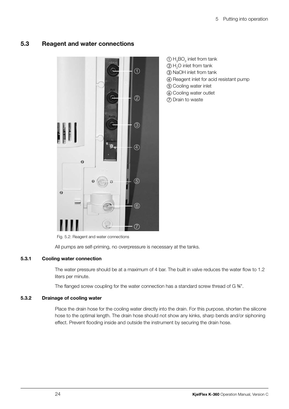 Reagent and water connections, 5 .3 reagent and water connections | BUCHI KjelFlex K-360 User Manual | Page 24 / 74