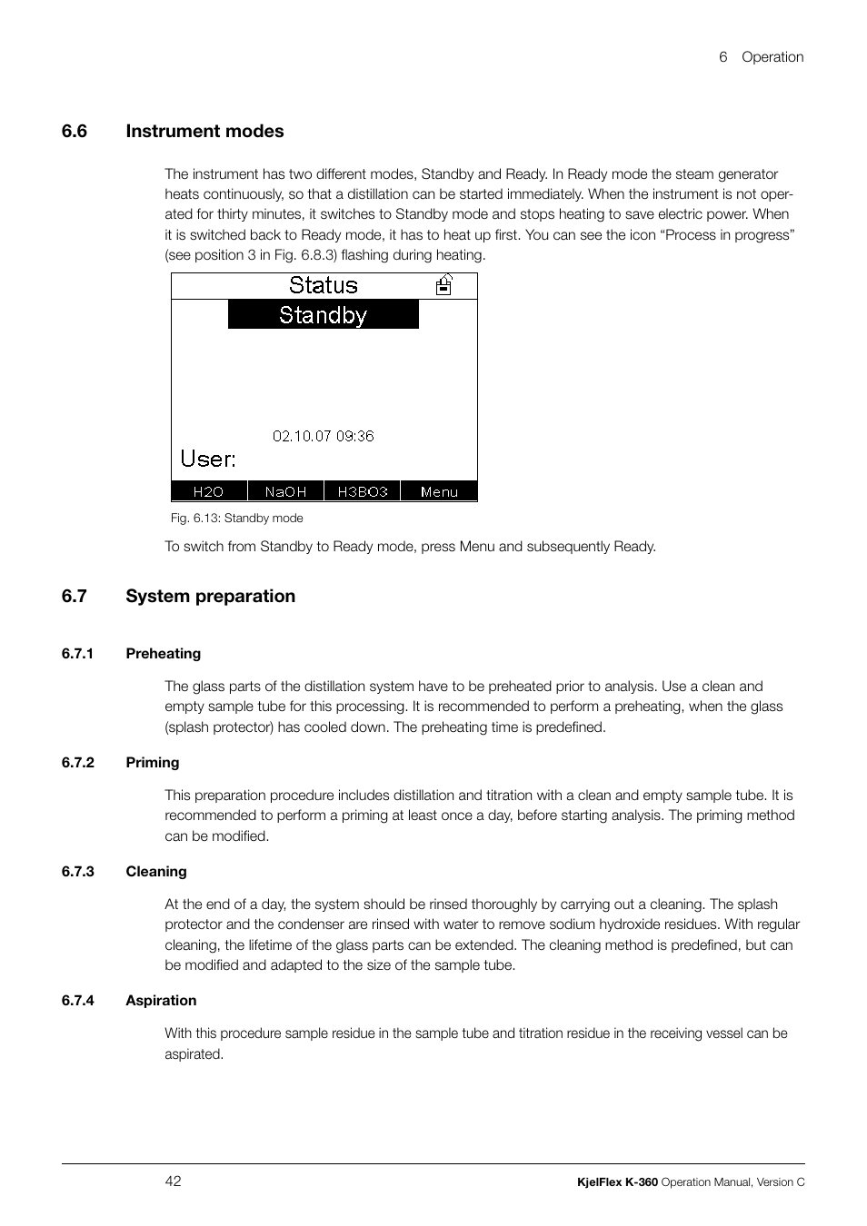 Instrument modes, System preparation, 6 .6 instrument modes | 6 .7 system preparation | BUCHI KjelFlex K-360 User Manual | Page 42 / 74