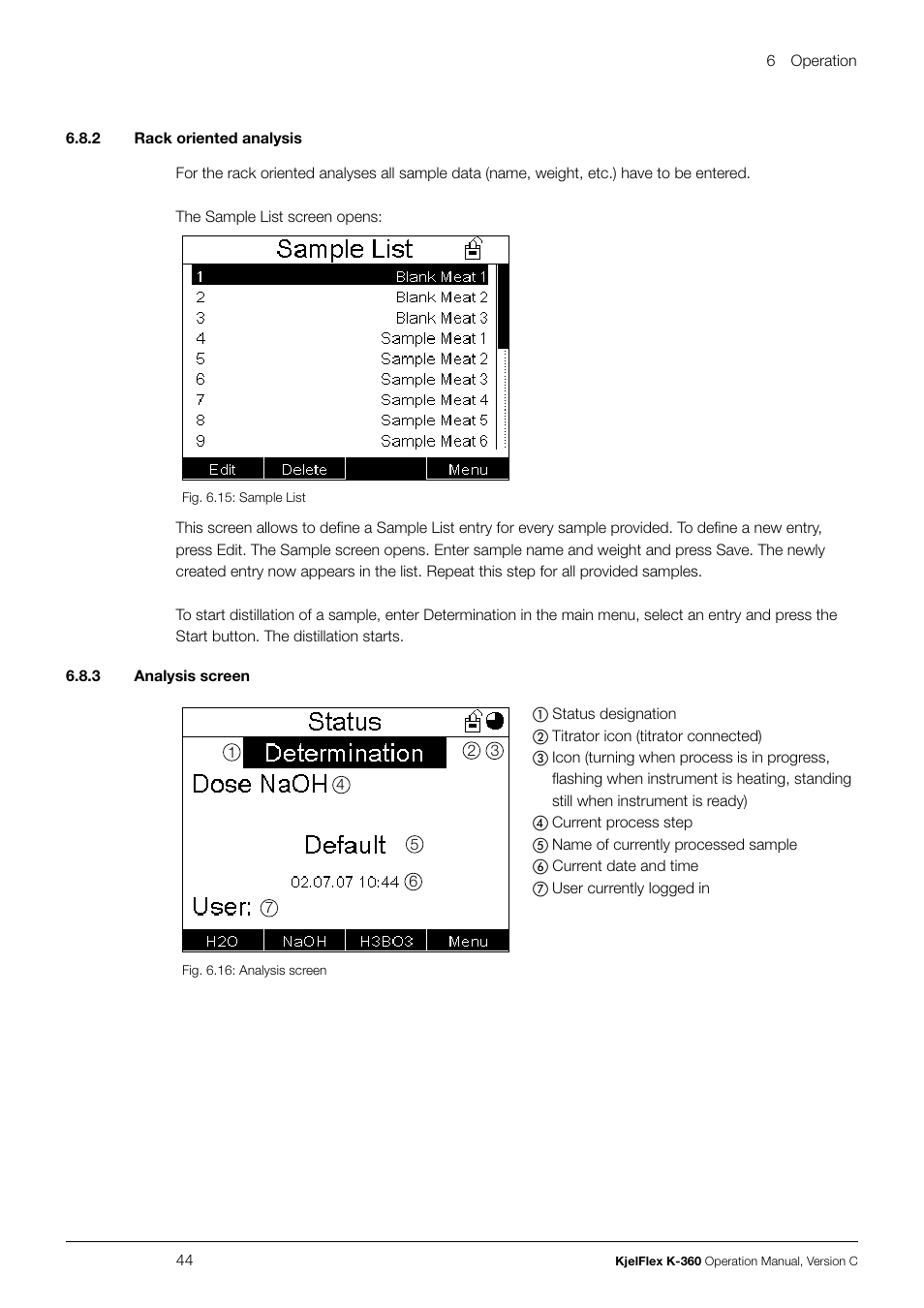 2 rack oriented analysis 6.8.3 analysis screen | BUCHI KjelFlex K-360 User Manual | Page 44 / 74