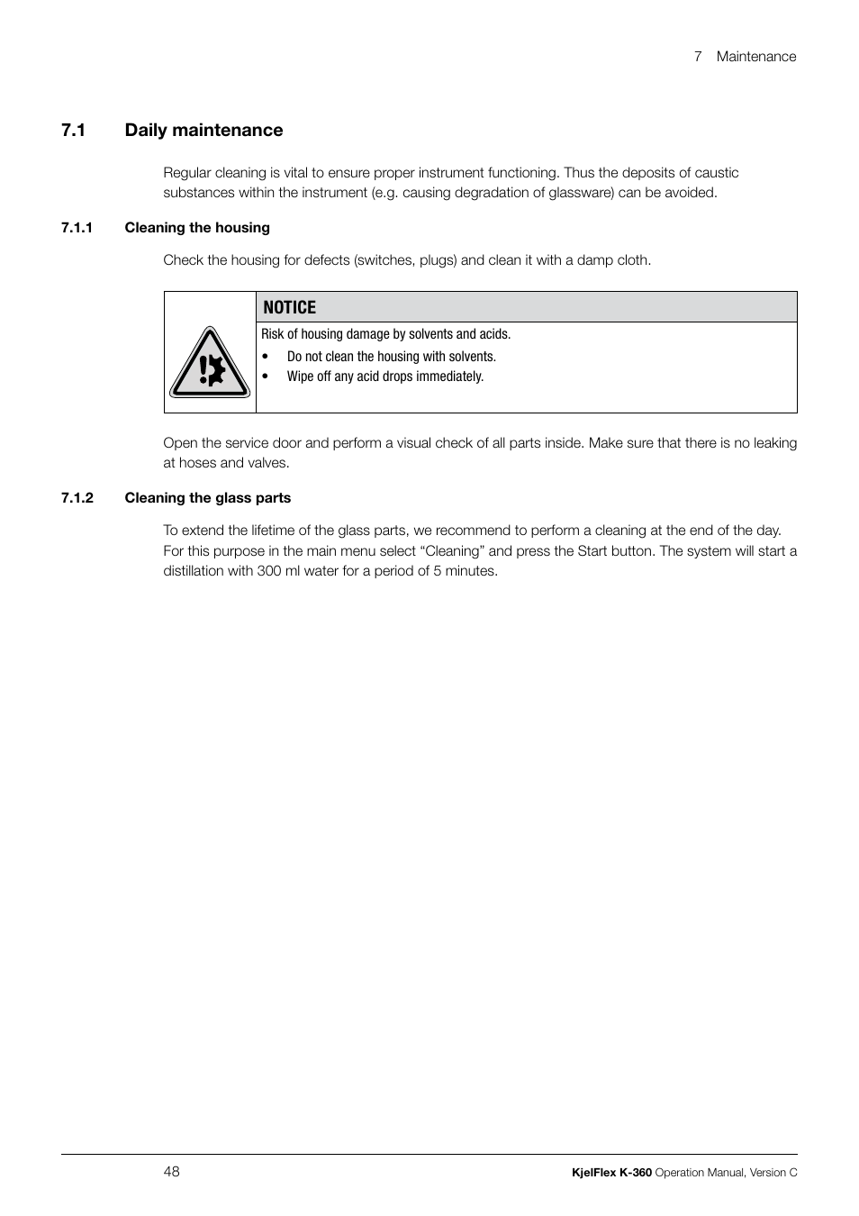 Daily maintenance, 7 .1 daily maintenance, Notice | BUCHI KjelFlex K-360 User Manual | Page 48 / 74