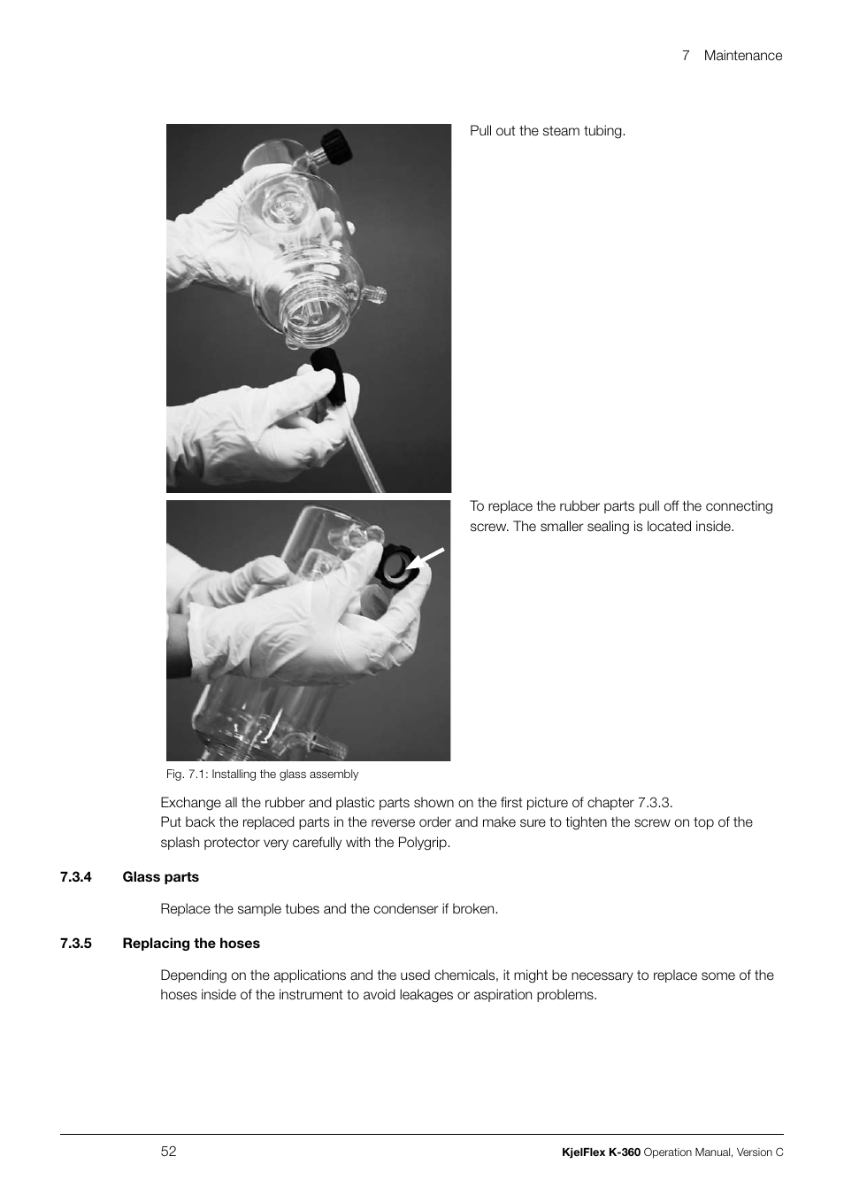4 glass parts 7.3.5 replacing the hoses | BUCHI KjelFlex K-360 User Manual | Page 52 / 74