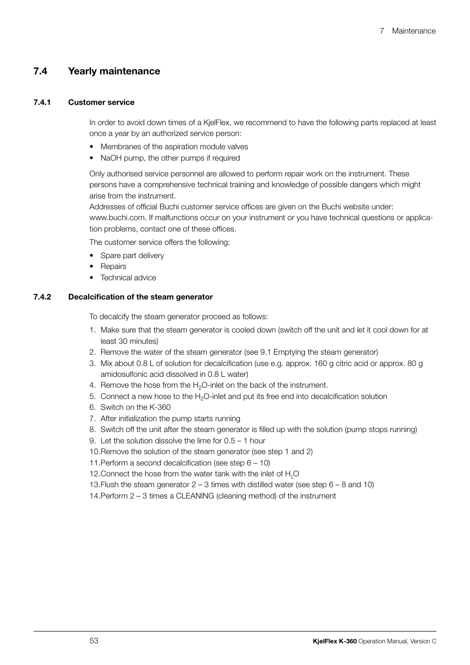 Yearly maintenance, 7 .4 yearly maintenance | BUCHI KjelFlex K-360 User Manual | Page 53 / 74