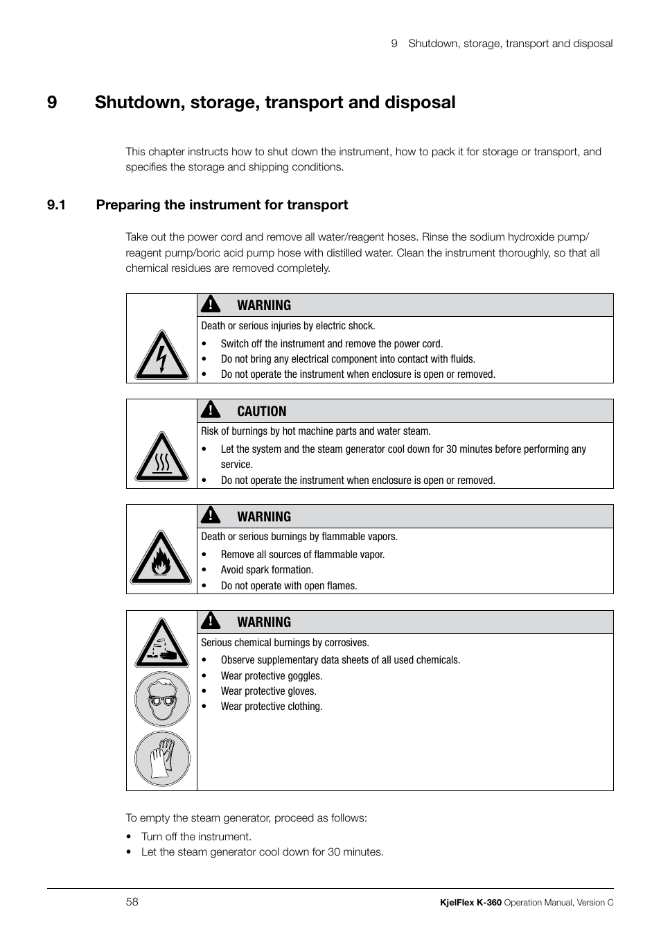 Shutdown, storage, transport and disposal 9.1, Preparing the instrument for transport, 9shutdown, storage, transport and disposal | BUCHI KjelFlex K-360 User Manual | Page 58 / 74