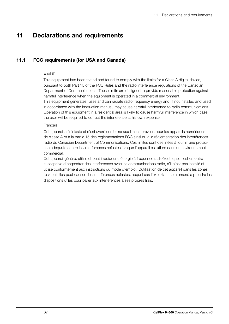 11 declarations and requirements, 1 fcc requirements (for usa and canada) | BUCHI KjelFlex K-360 User Manual | Page 67 / 74