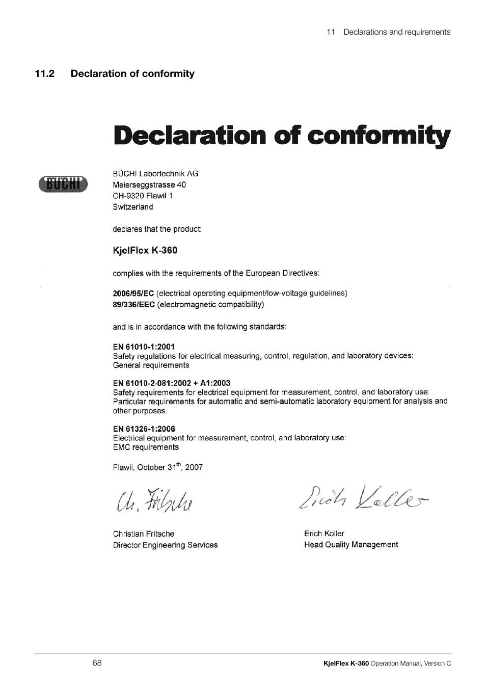 2 declaration of conformity | BUCHI KjelFlex K-360 User Manual | Page 68 / 74