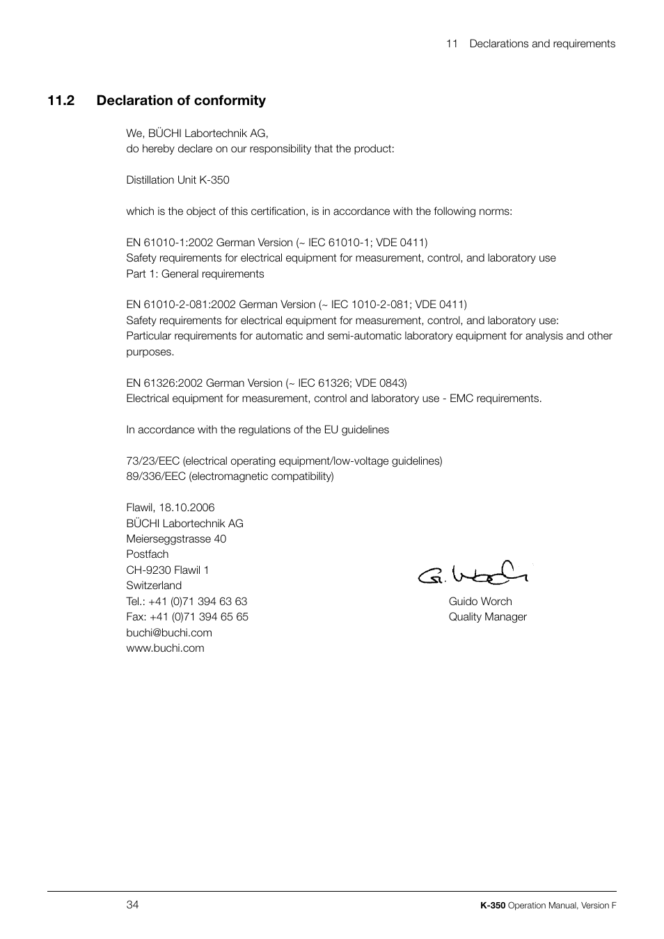 11 .2 declaration of conformity | BUCHI Distillation Unit K-355 User Manual | Page 34 / 36