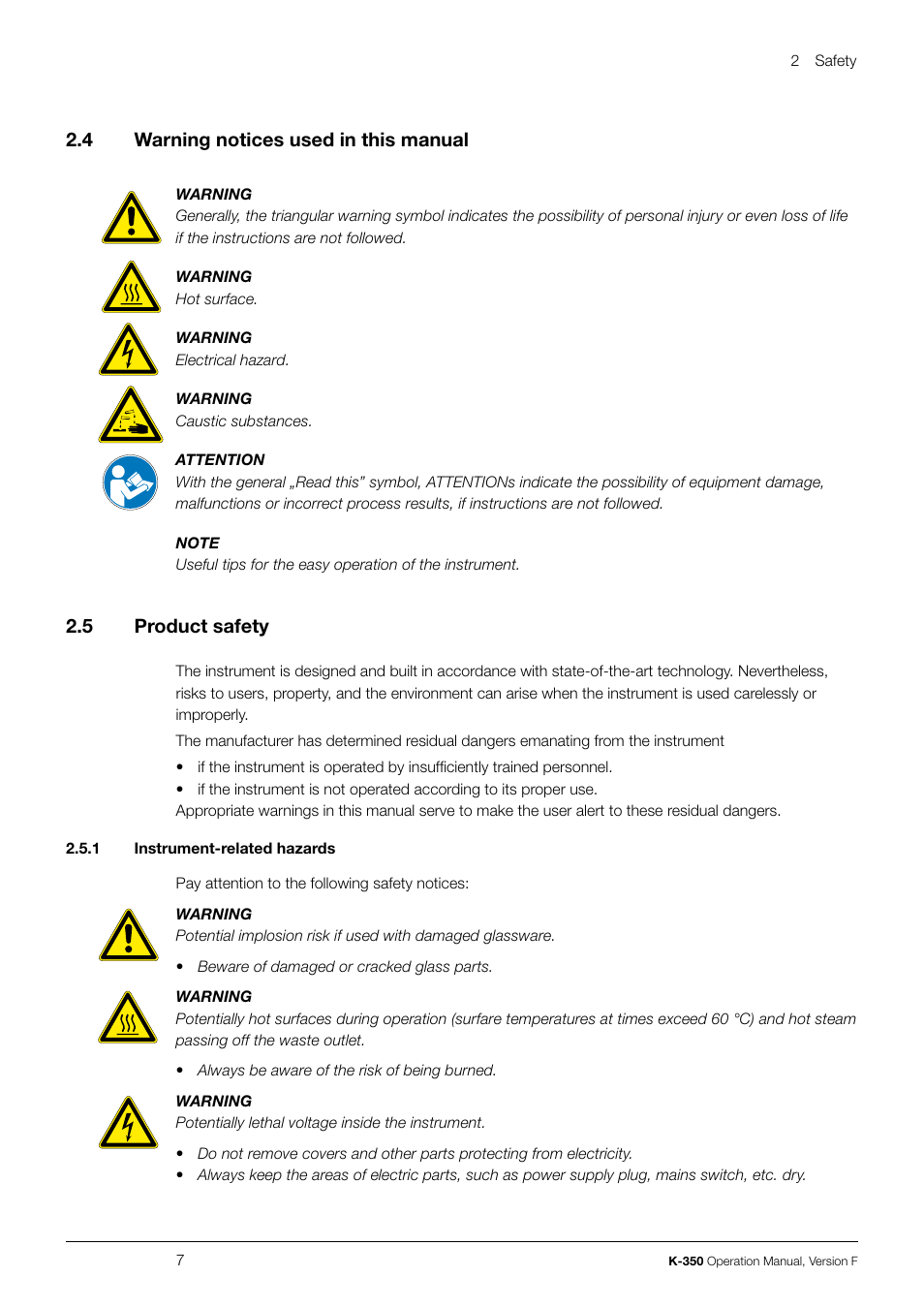 2 .4 warning notices used in this manual, 2 .5 product safety | BUCHI Distillation Unit K-355 User Manual | Page 7 / 36