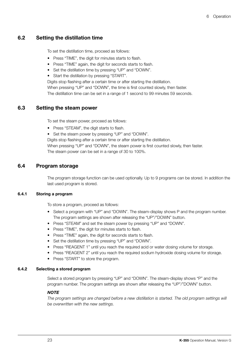 6 .2 setting the distillation time, 6 .3 setting the steam power, 6 .4 program storage | BUCHI Distillation Unit K-355 User Manual | Page 23 / 38