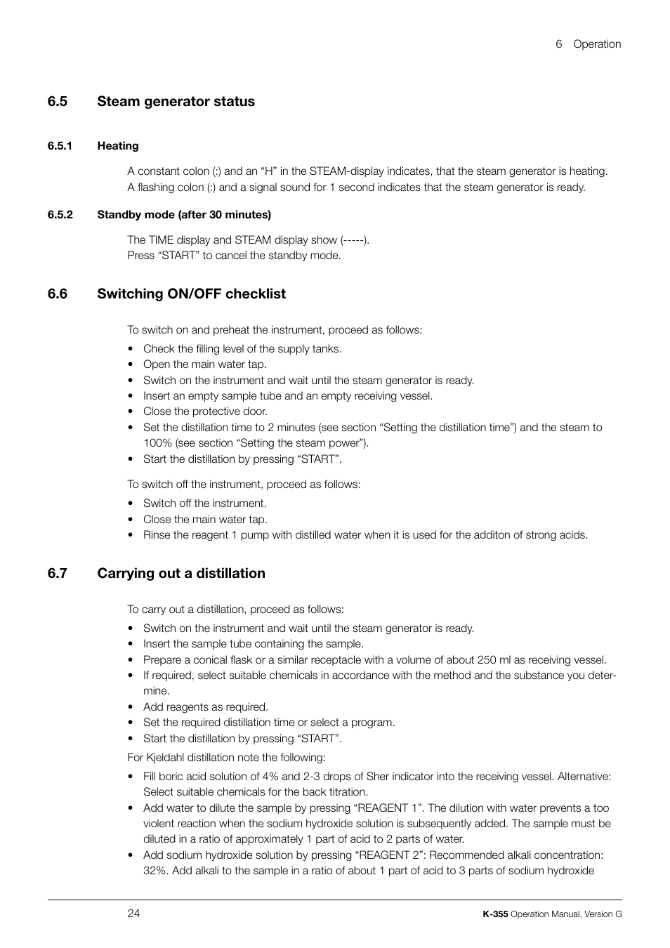 6 .5 steam generator status, 6 .6 switching on/off checklist, 6 .7 carrying out a distillation | BUCHI Distillation Unit K-355 User Manual | Page 24 / 38