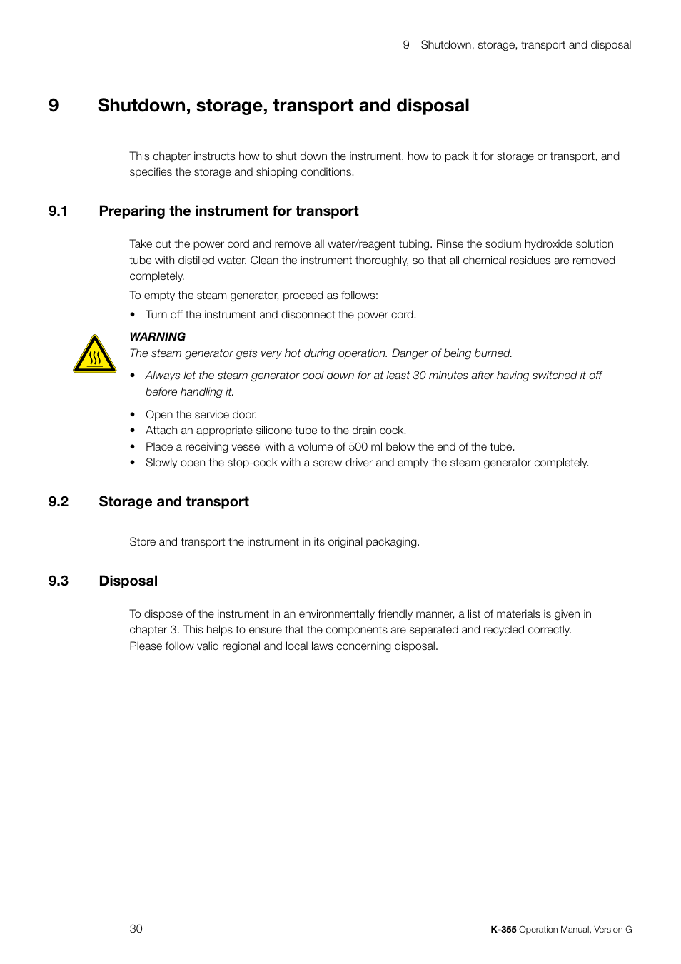 9shutdown, storage, transport and disposal | BUCHI Distillation Unit K-355 User Manual | Page 30 / 38