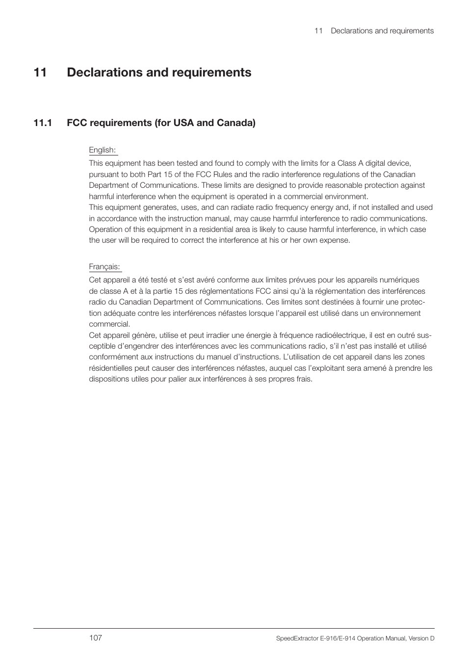 11 declarations and requirements, 1 fcc requirements (for usa and canada) | BUCHI SpeedExtractor E-916 User Manual | Page 107 / 110