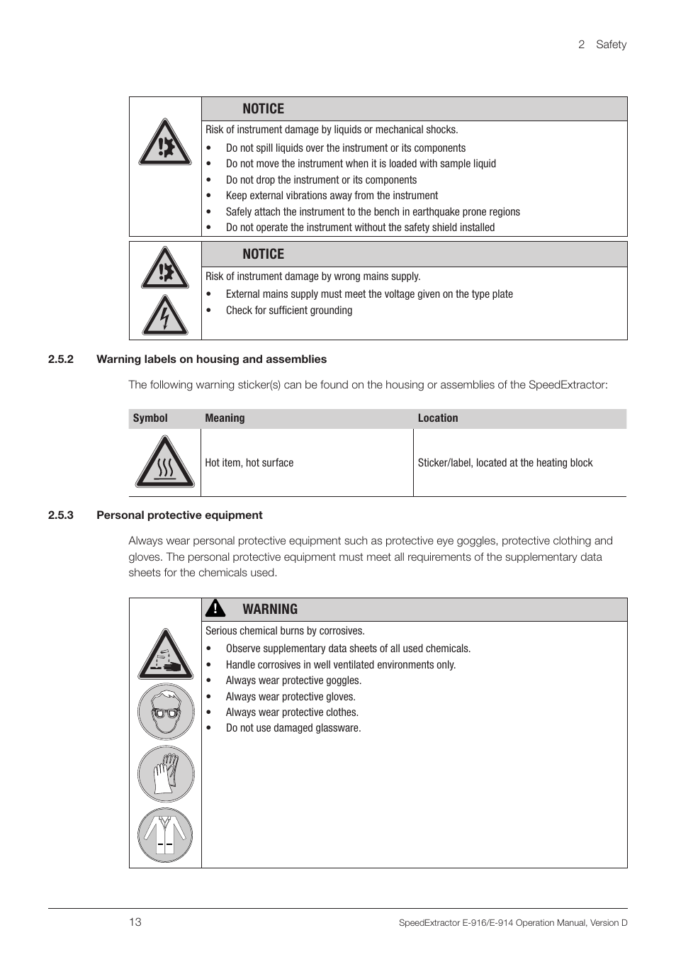 2 warning labels on housing and assemblies, 3 personal protective equipment, Notice | Warning | BUCHI SpeedExtractor E-916 User Manual | Page 13 / 110