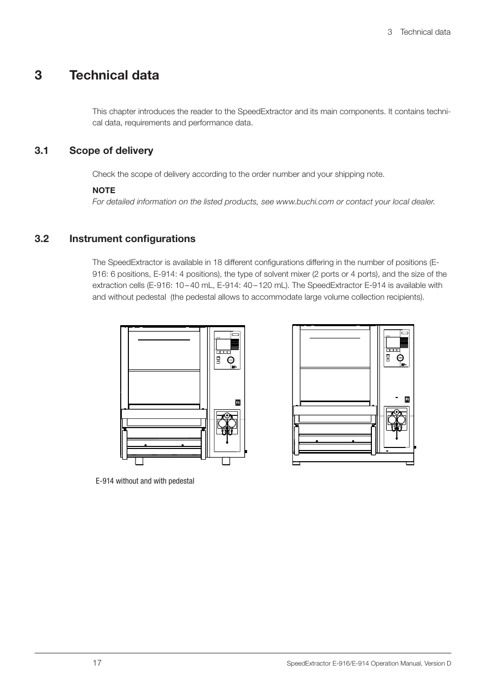 3 technical data, 1 scope of delivery, 2 instrument configurations | 3technical data | BUCHI SpeedExtractor E-916 User Manual | Page 17 / 110