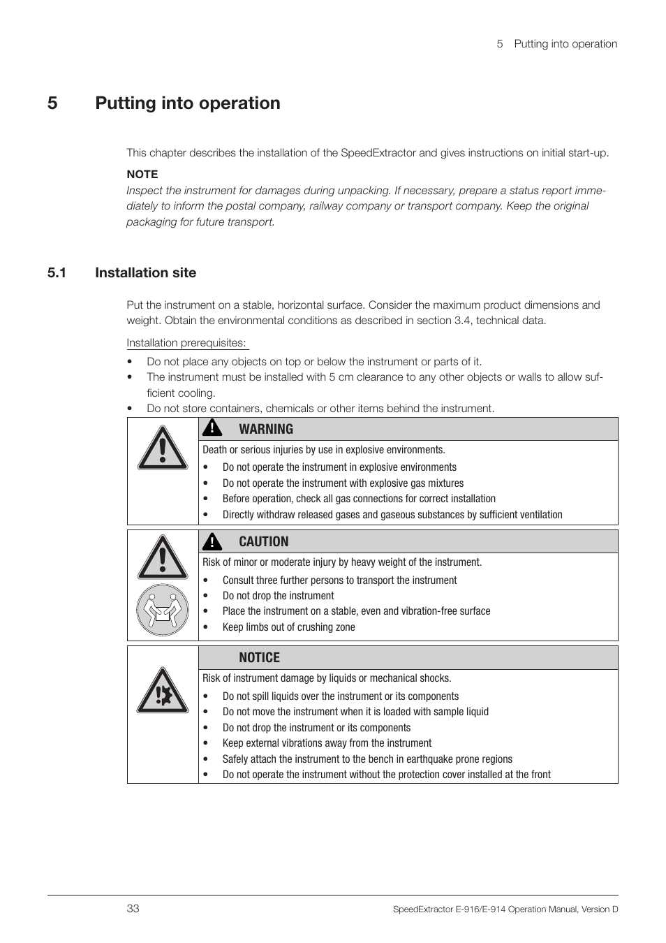 5 putting into operation, 1 installation site, Putting into operation 5.1 installation site | 5putting into operation | BUCHI SpeedExtractor E-916 User Manual | Page 33 / 110