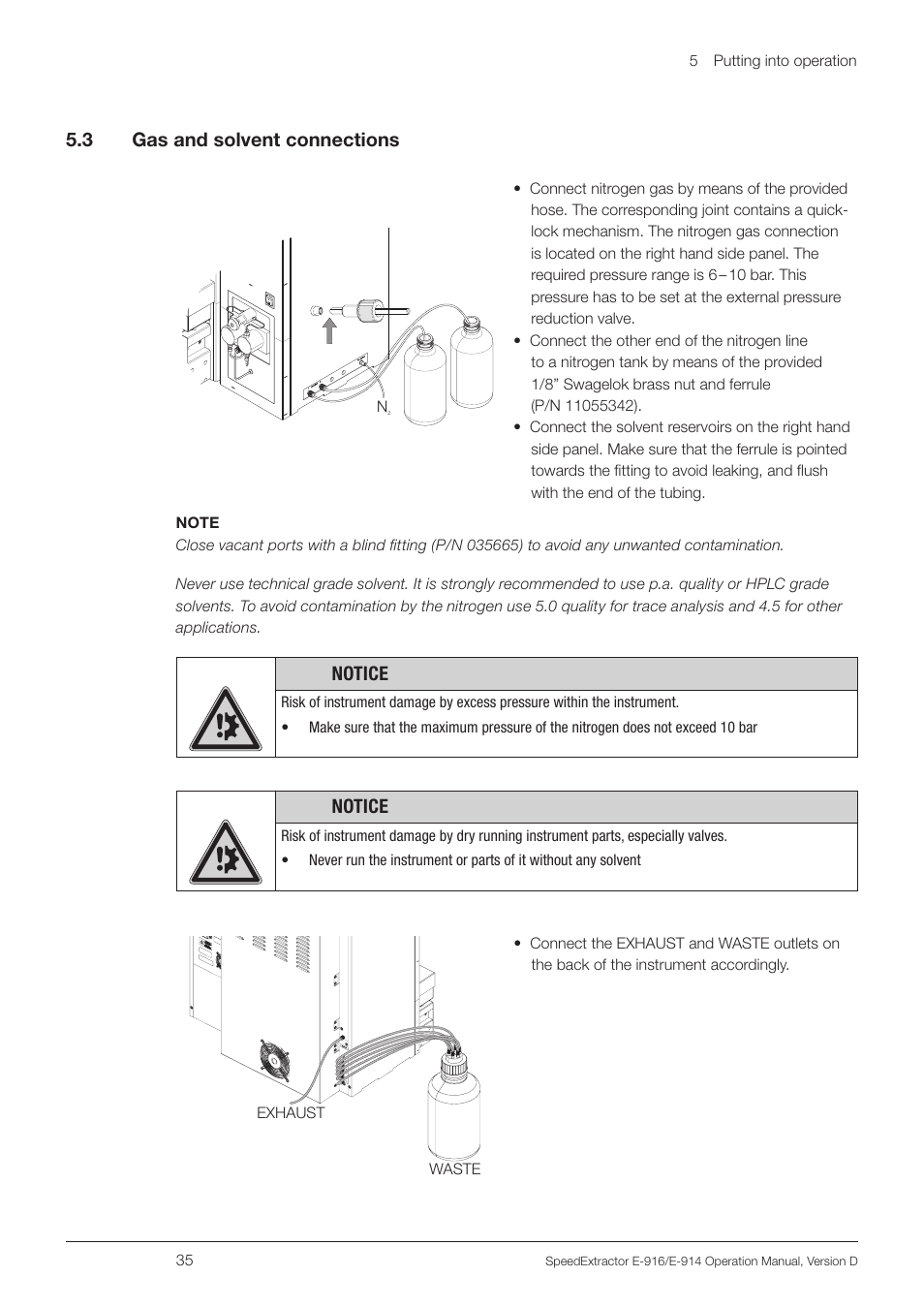 3 gas and solvent connections, Notice | BUCHI SpeedExtractor E-916 User Manual | Page 35 / 110