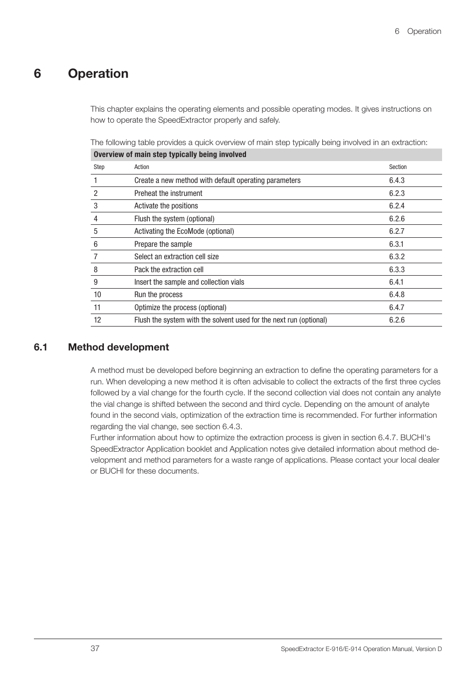 6 operation, 1 method development, 6operation | BUCHI SpeedExtractor E-916 User Manual | Page 37 / 110