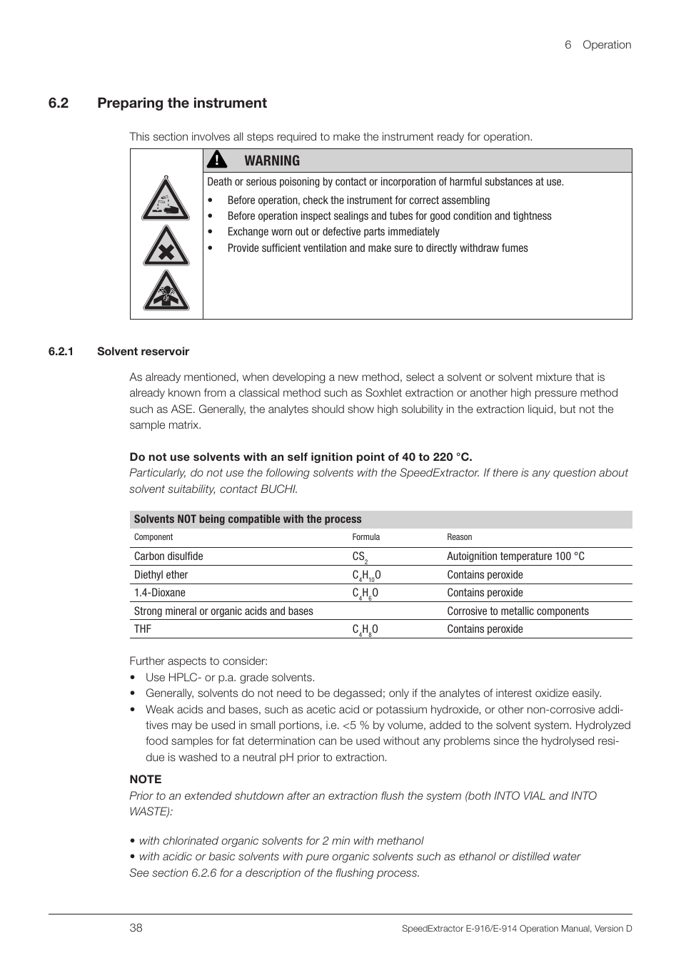 2 preparing the instrument, 1 solvent reservoir, Warning | BUCHI SpeedExtractor E-916 User Manual | Page 38 / 110
