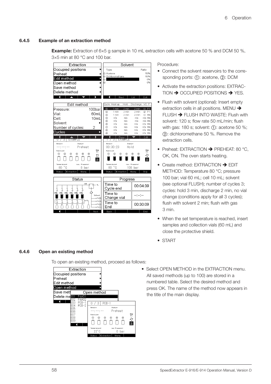 5 example of an extraction method, 6 open an existing method | BUCHI SpeedExtractor E-916 User Manual | Page 58 / 110
