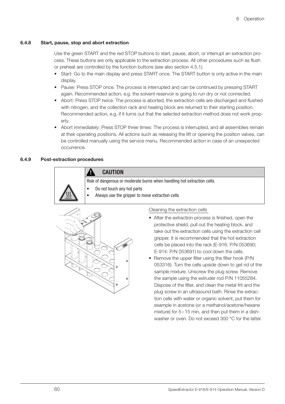 8 start, pause, stop and abort extraction, 9 post-extraction procedures, N 6.4.8) | Caution | BUCHI SpeedExtractor E-916 User Manual | Page 60 / 110