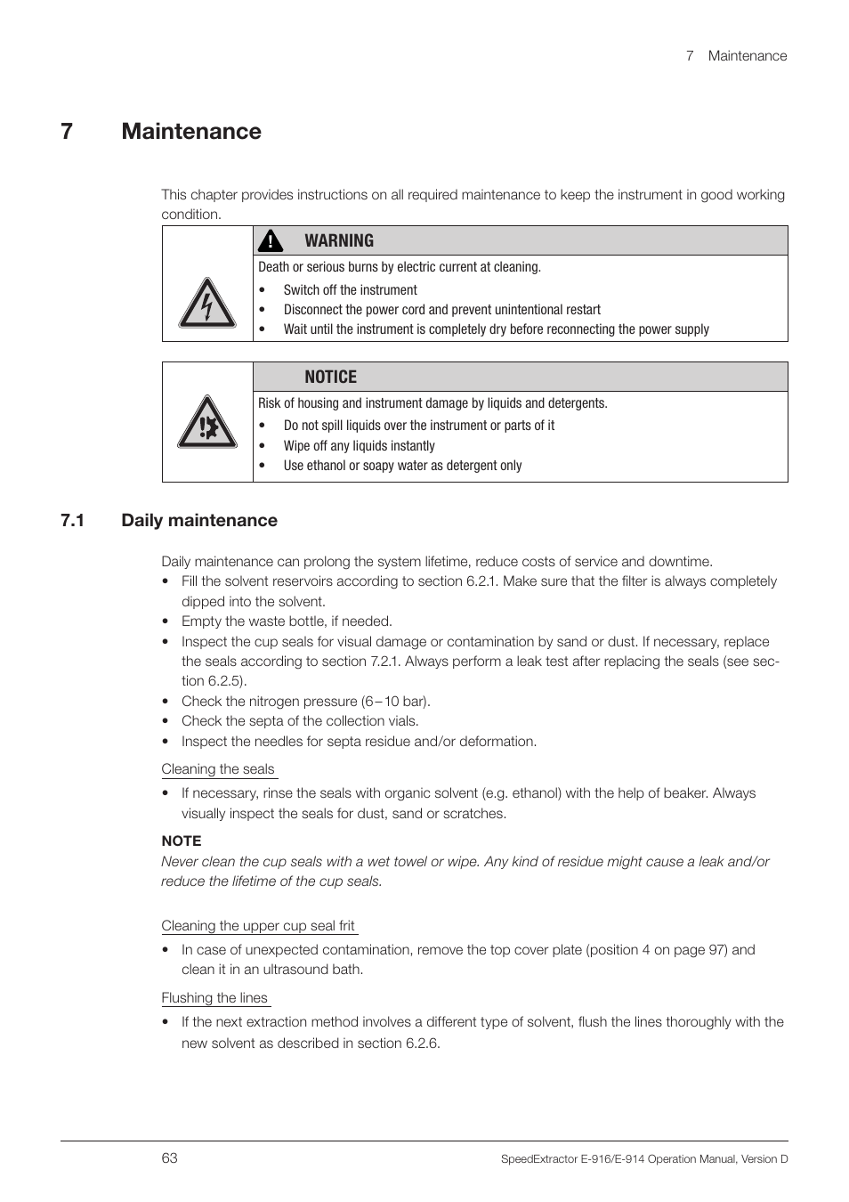 7 maintenance, 1 daily maintenance, 7maintenance | BUCHI SpeedExtractor E-916 User Manual | Page 63 / 110