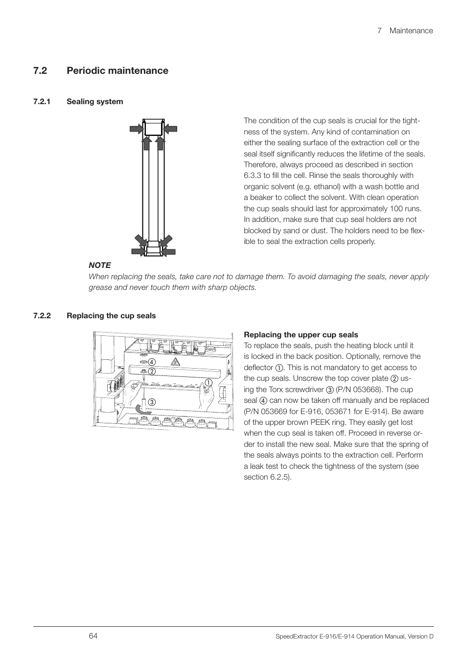 2 periodic maintenance, 1 sealing system, 2 replacing the cup seals | 1 sealing system 7.2.2 replacing the cup seals | BUCHI SpeedExtractor E-916 User Manual | Page 64 / 110