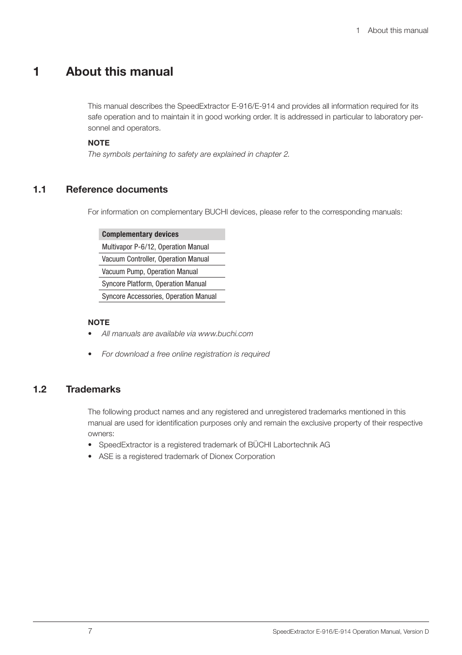 1 about this manual, 1 reference documents, 2 trademarks | 1about this manual | BUCHI SpeedExtractor E-916 User Manual | Page 7 / 110