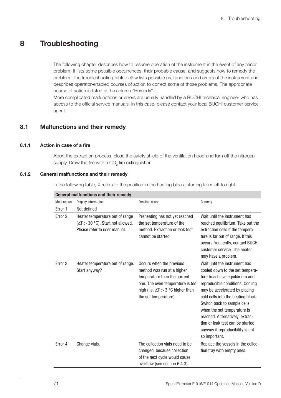 8 troubleshooting, 1 malfunctions and their remedy, 1 action in case of a fire | 2 general malfunctions and their remedy, 8troubleshooting | BUCHI SpeedExtractor E-916 User Manual | Page 71 / 110