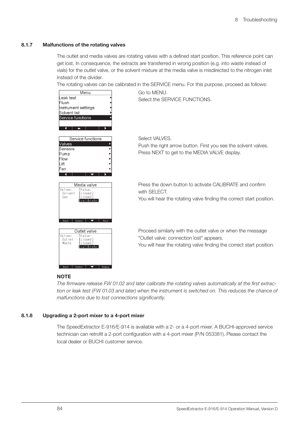 7 malfunctions of the rotating valves, 8 upgrading a 2-port mixer to a 4-port mixer | BUCHI SpeedExtractor E-916 User Manual | Page 84 / 110