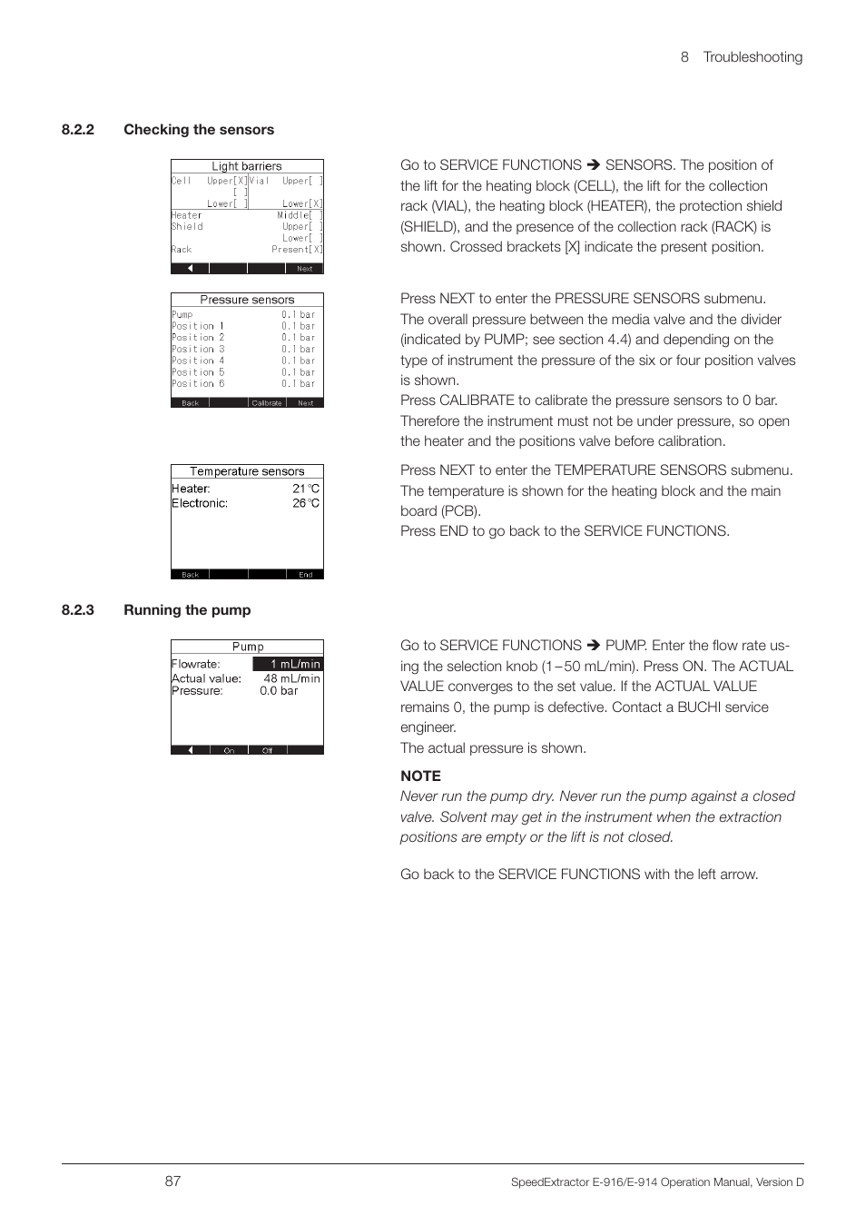 2 checking the sensors, 3 running the pump, 2 checking the sensors 8.2.3 running the pump | BUCHI SpeedExtractor E-916 User Manual | Page 87 / 110