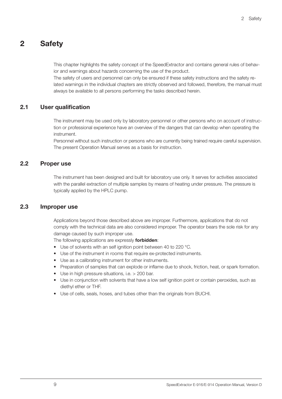 2 safety, 1 user qualification, 2 proper use | 3 improper use, 2safety | BUCHI SpeedExtractor E-916 User Manual | Page 9 / 110
