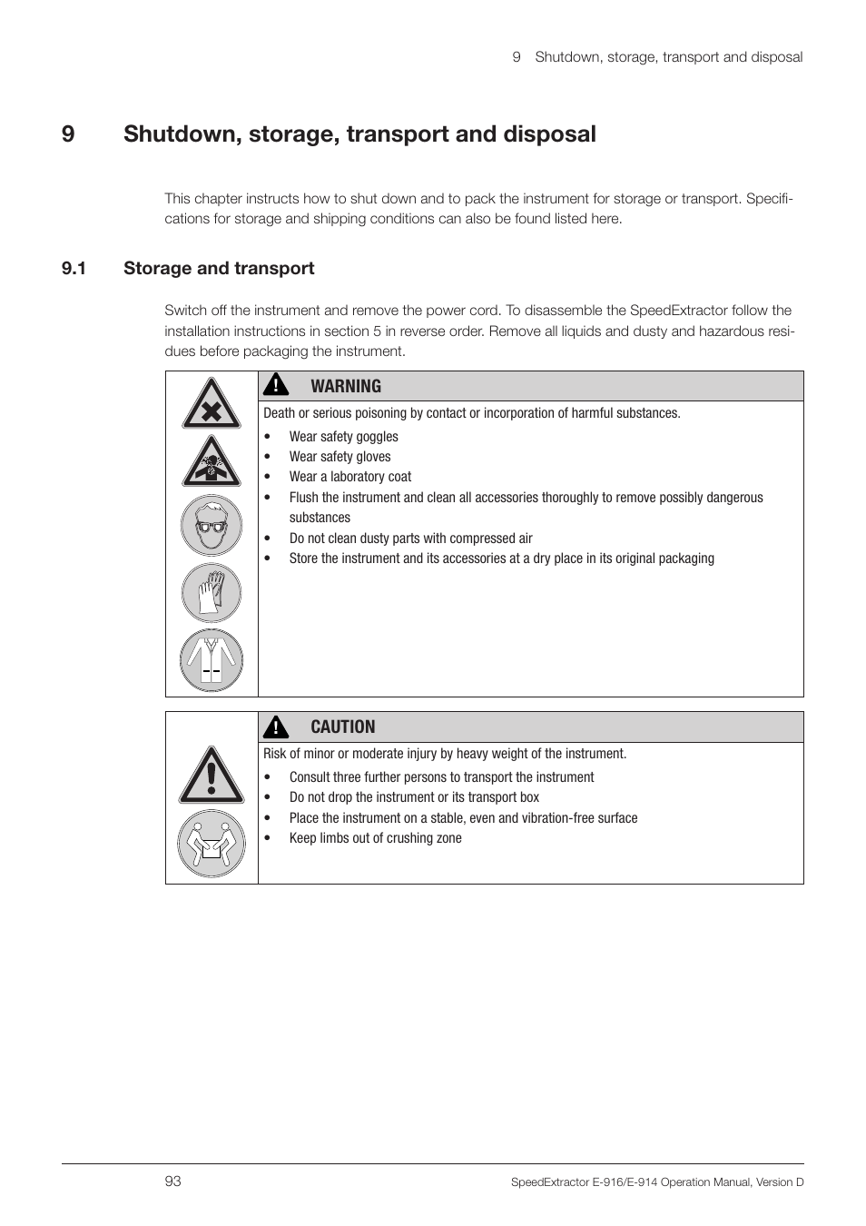 9 shutdown, storage, transport and disposal, 1 storage and transport, 9shutdown, storage, transport and disposal | BUCHI SpeedExtractor E-916 User Manual | Page 93 / 110