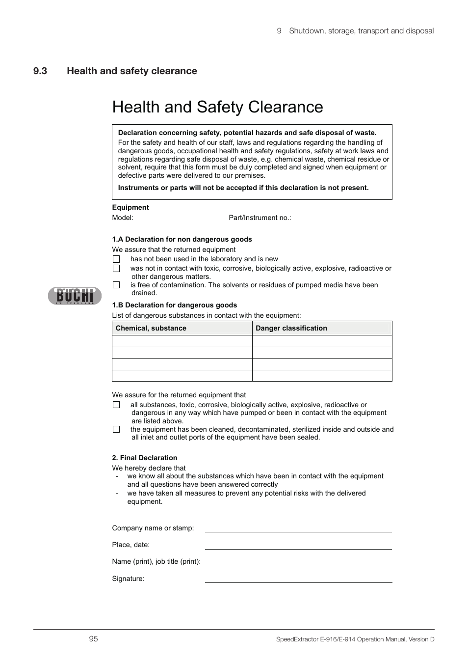 3 health and safety clearance, Health and safety clearance | BUCHI SpeedExtractor E-916 User Manual | Page 95 / 110