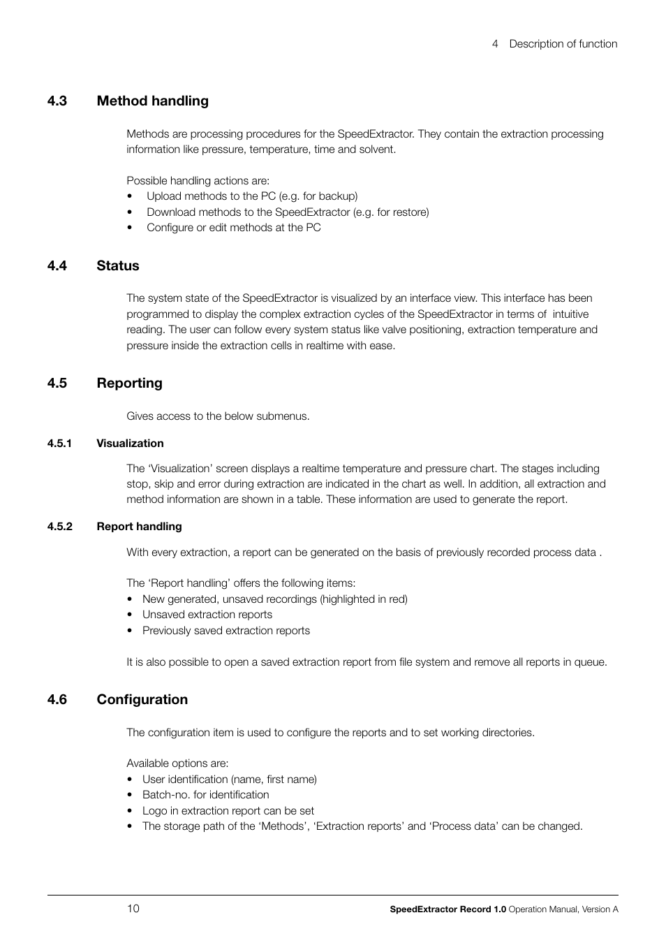 3 method handling, 4 status, 5 reporting | 1 visualization, 2 report handling, 6 configuration, Method handling, Status, Reporting, 1 visualization 4.5.2 report handling 4.6 | BUCHI SpeedExtractor E-916 User Manual | Page 10 / 34