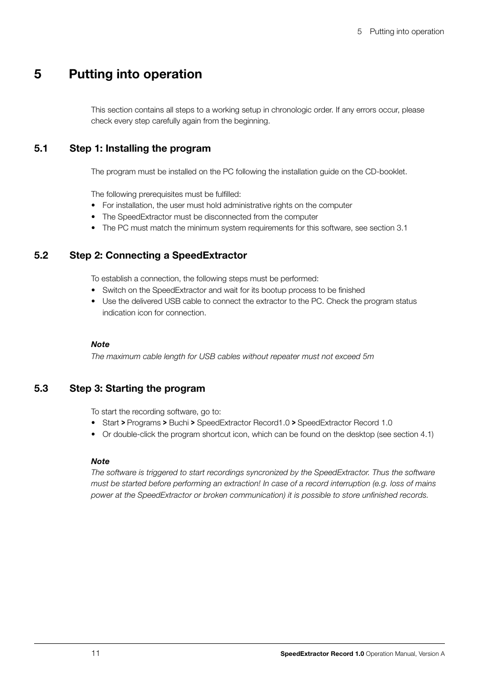 5 putting into operation, 1 step 1: installing the program, 2 step 2: connecting a speedextractor | 3 step 3: starting the program, Putting into operation 5.1, Step 1: installing the program, Step 2: connecting a speedextractor, Step 3: starting the program, 5putting into operation | BUCHI SpeedExtractor E-916 User Manual | Page 11 / 34