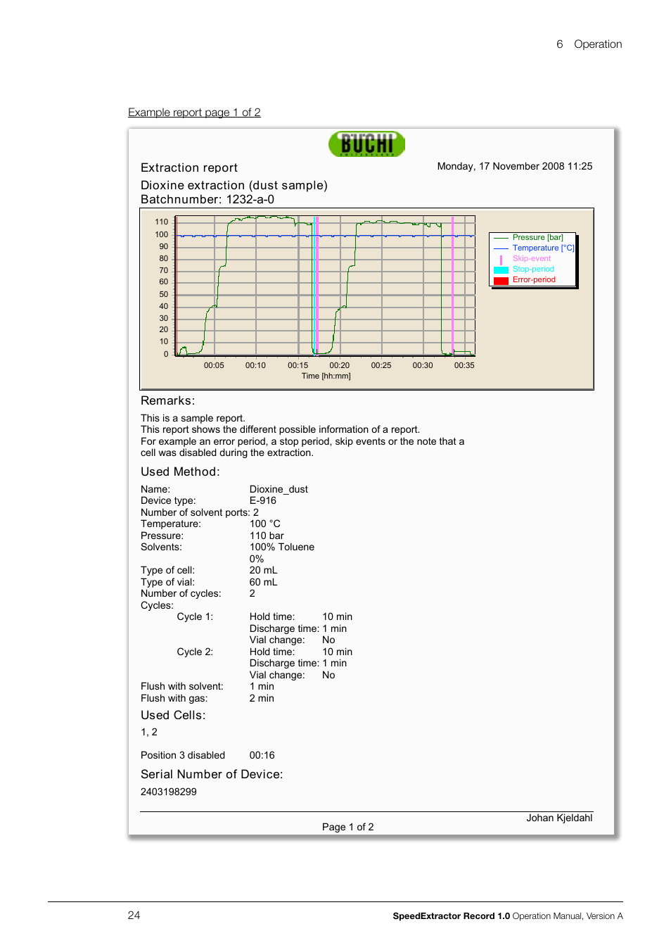 Used method: remarks: serial number of device, Used cells | BUCHI SpeedExtractor E-916 User Manual | Page 24 / 34