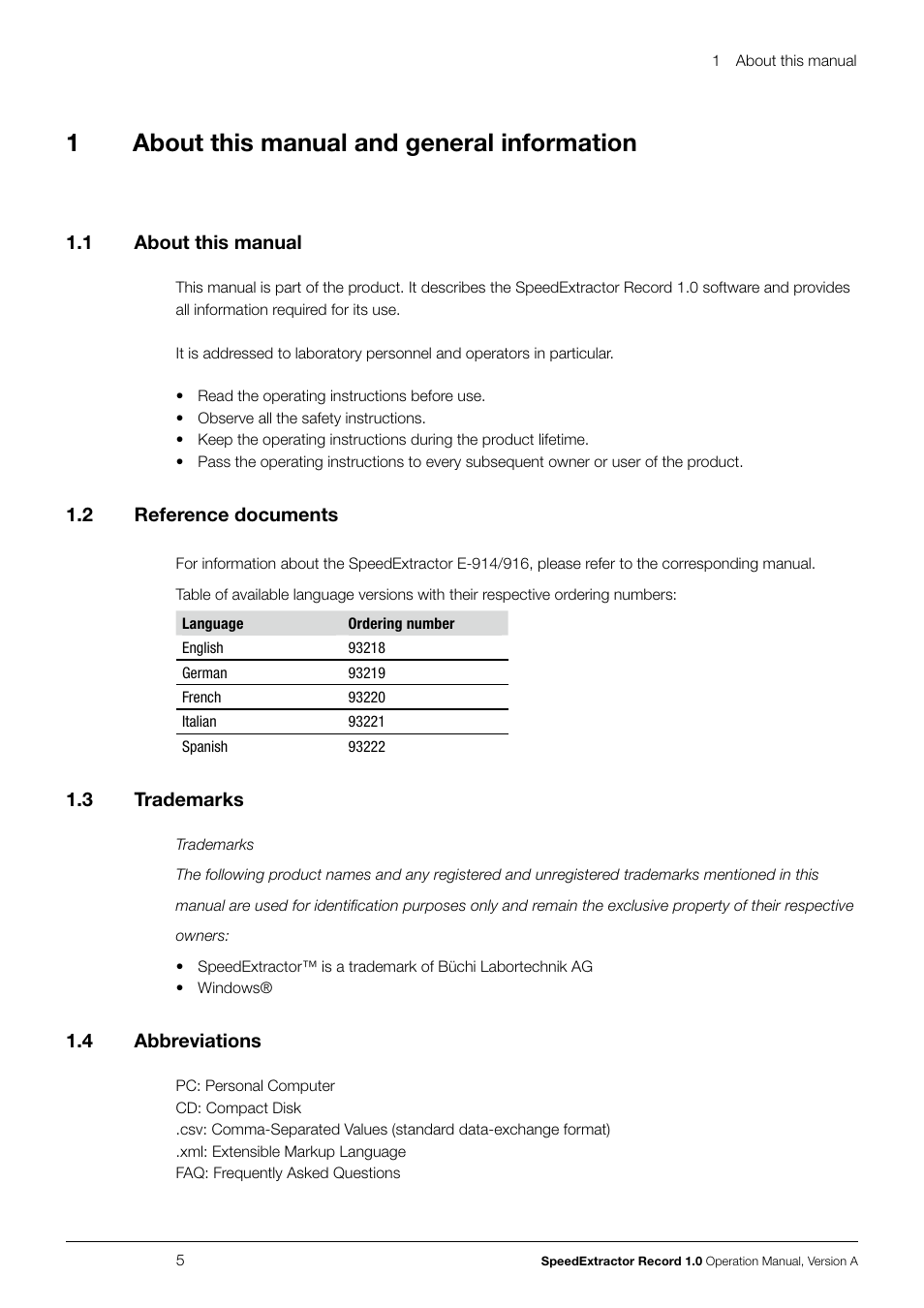 1 about this manual and general information, 1 about this manual, 2 reference documents | 3 trademarks, 4 abbreviations, About this manual and general information 1.1, About this manual, Reference documents, Trademarks, Abbreviations | BUCHI SpeedExtractor E-916 User Manual | Page 5 / 34